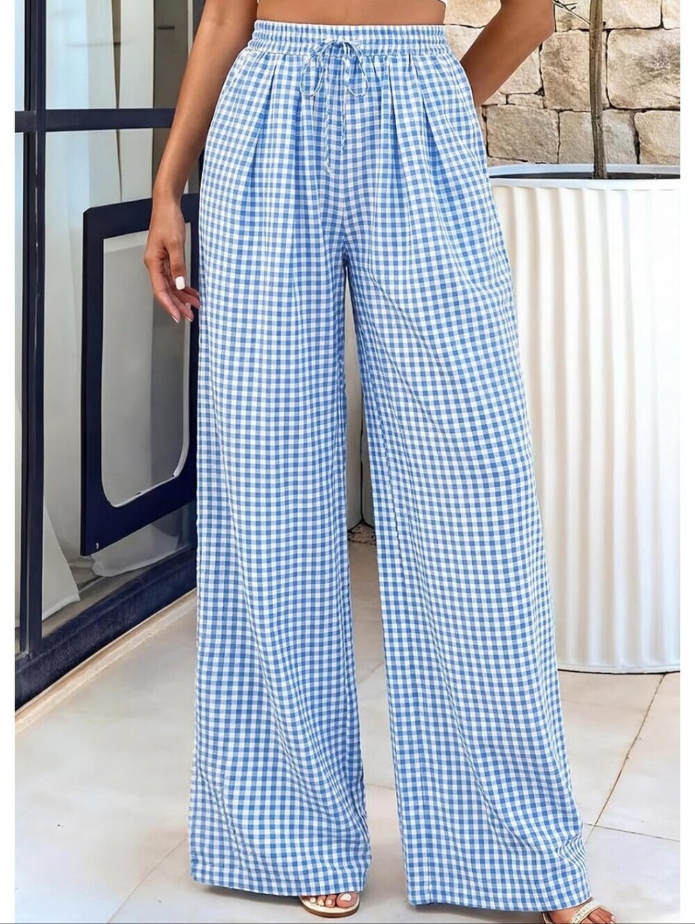 Blue Gingham Wide-Leg Pants - Casual Pull-On - Picture 5 of 6